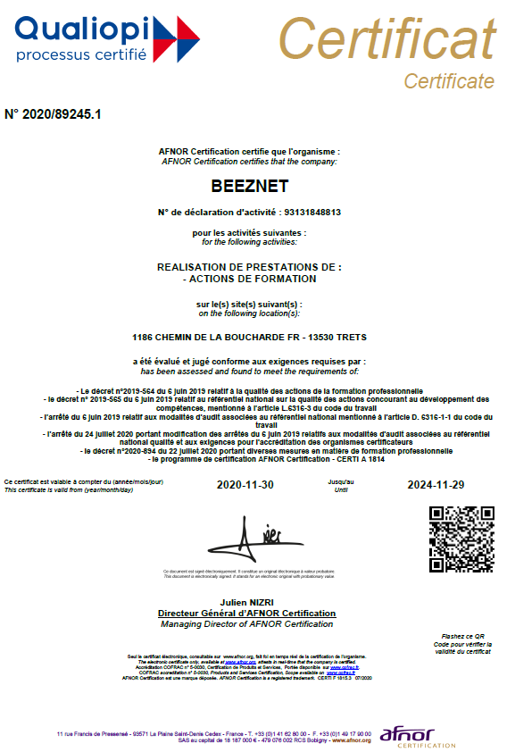 certificat afnor certification Qualiopi